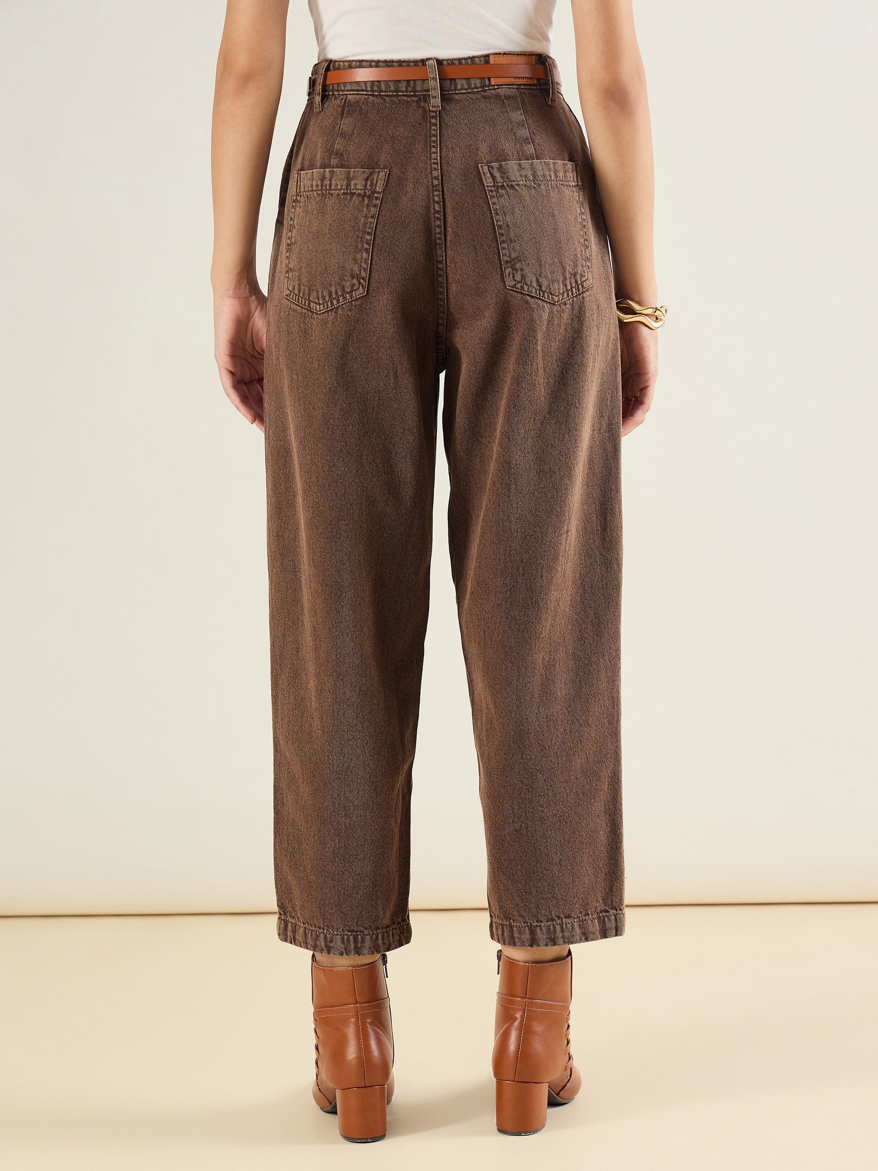 Brown PU Belted Barrel Jeans-SASSAFRAS BASICS