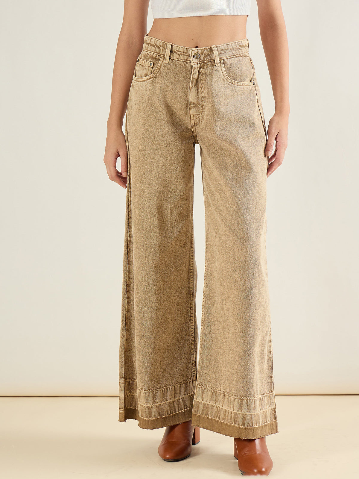 Beige Washed Hem Detail Low Waist Wide Leg Jeans-SASSAFRAS BASICS