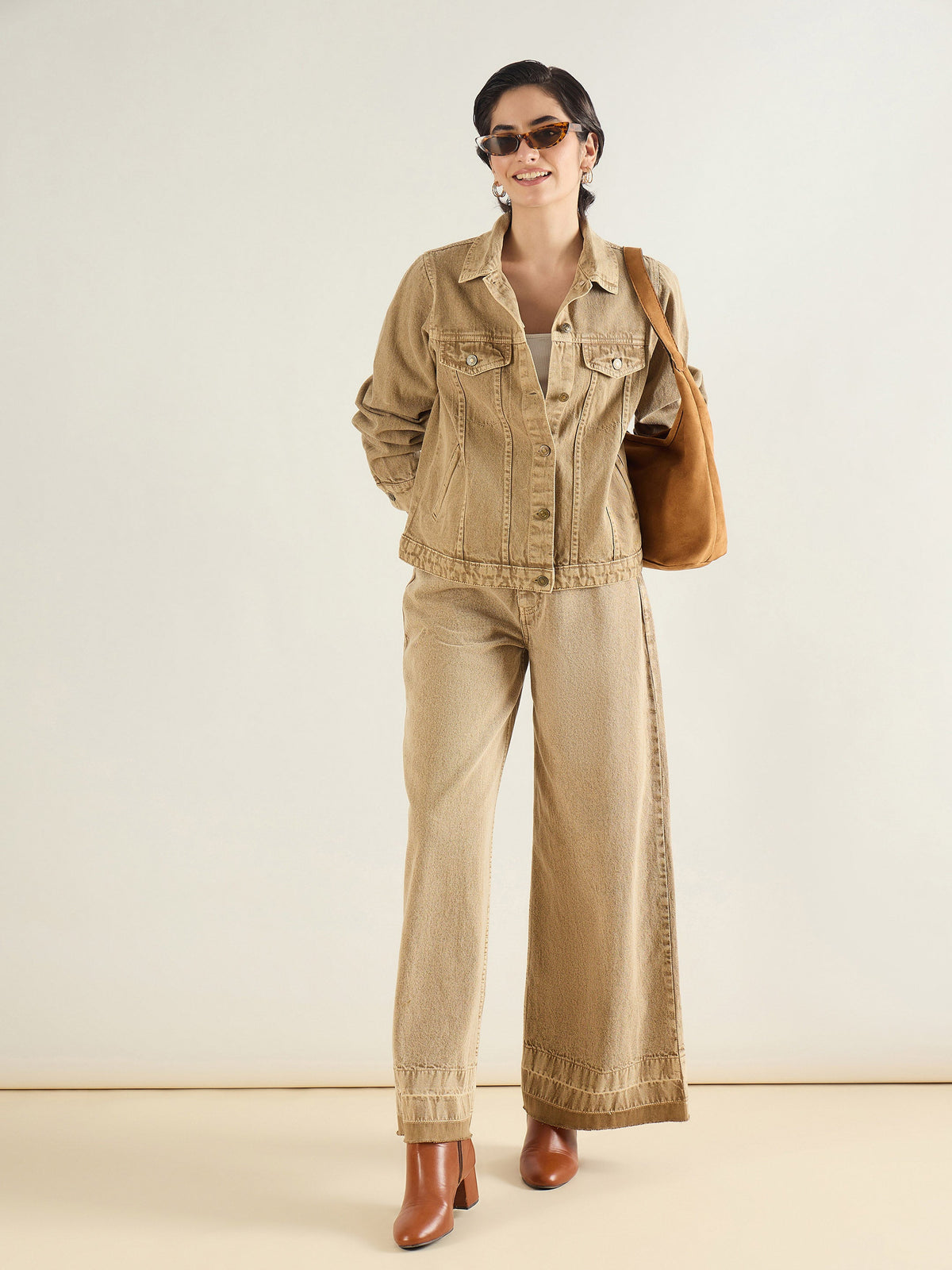 Beige Washed Hem Detail Low Waist Wide Leg Jeans-SASSAFRAS BASICS