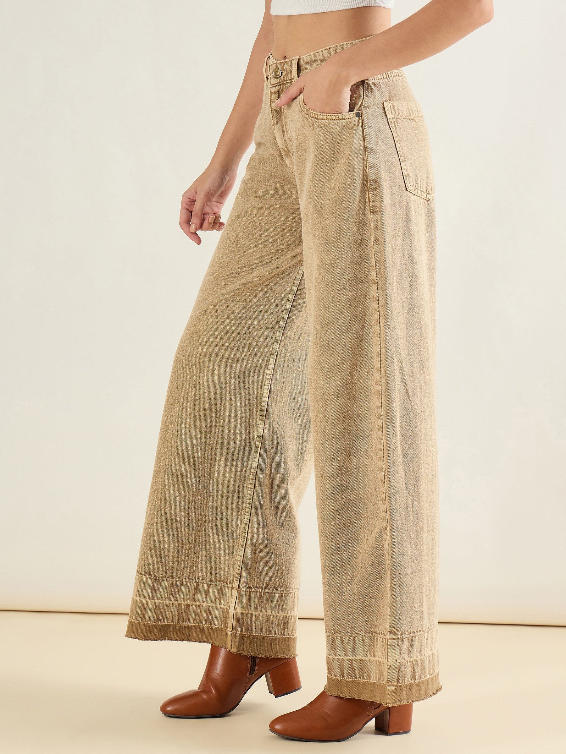 Beige Washed Hem Detail Low Waist Wide Leg Jeans-SASSAFRAS BASICS