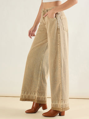 Beige Washed Hem Detail Low Waist Wide Leg Jeans-SASSAFRAS BASICS