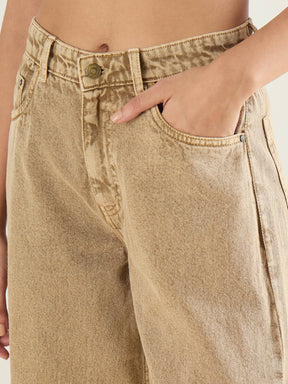 Beige Washed Hem Detail Low Waist Wide Leg Jeans-SASSAFRAS BASICS