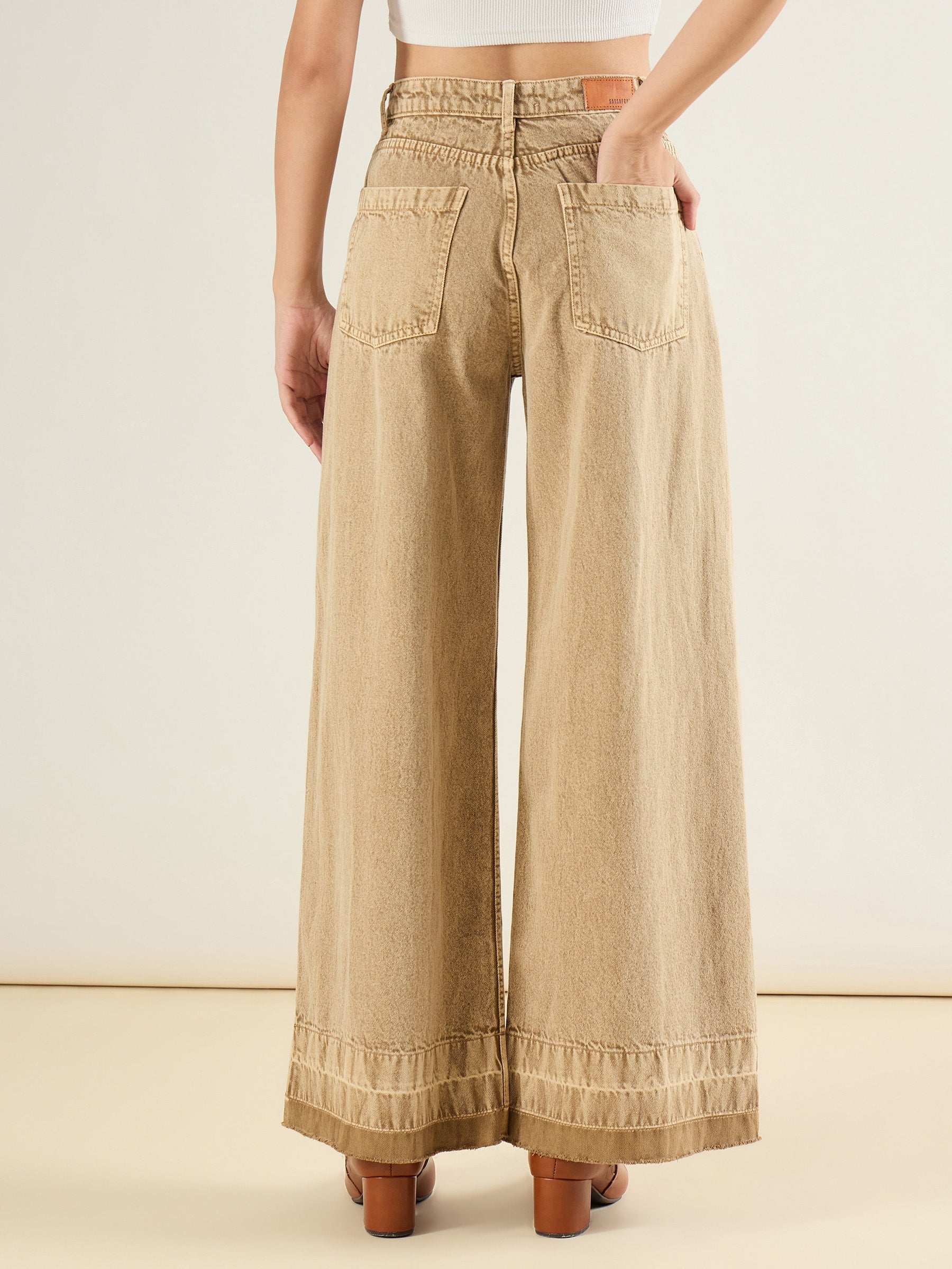 Beige Washed Hem Detail Low Waist Wide Leg Jeans-SASSAFRAS BASICS