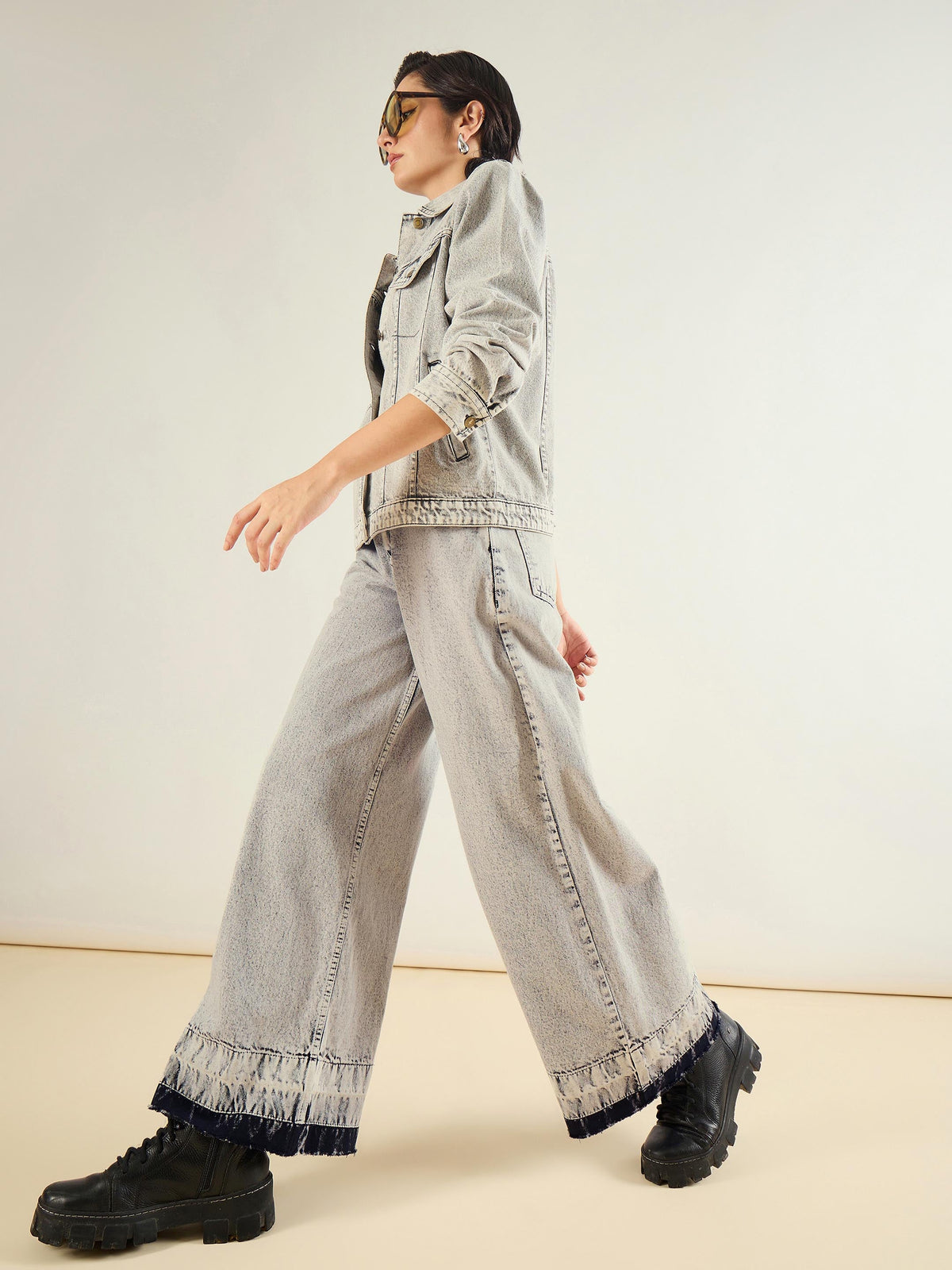 Grey Washed Hem Detai Low Waist Wide Leg Jeans-SASSAFRAS BASICS