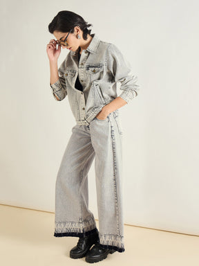 Grey Washed Hem Detai Low Waist Wide Leg Jeans-SASSAFRAS BASICS