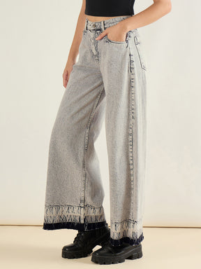 Grey Washed Hem Detai Low Waist Wide Leg Jeans-SASSAFRAS BASICS