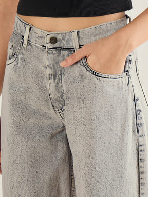 Grey Washed Hem Detai Low Waist Wide Leg Jeans-SASSAFRAS BASICS