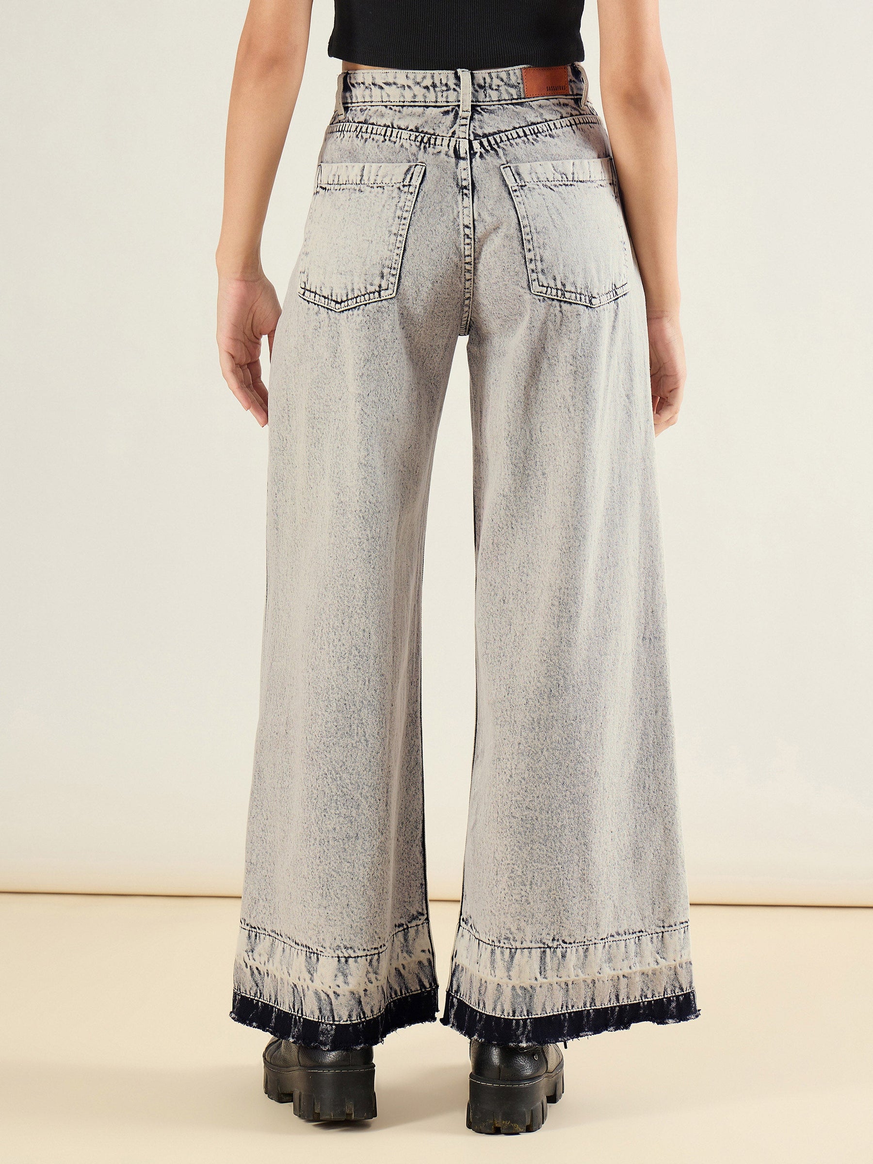 Grey Washed Hem Detai Low Waist Wide Leg Jeans-SASSAFRAS BASICS