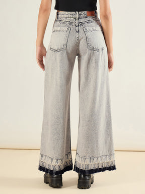Grey Washed Hem Detai Low Waist Wide Leg Jeans-SASSAFRAS BASICS