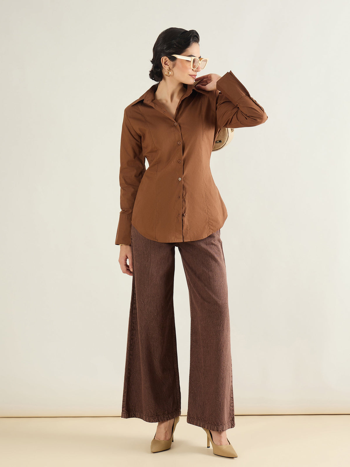 Brown Low Waist Wide Leg Baggy Jeans-SASSAFRAS BASICS