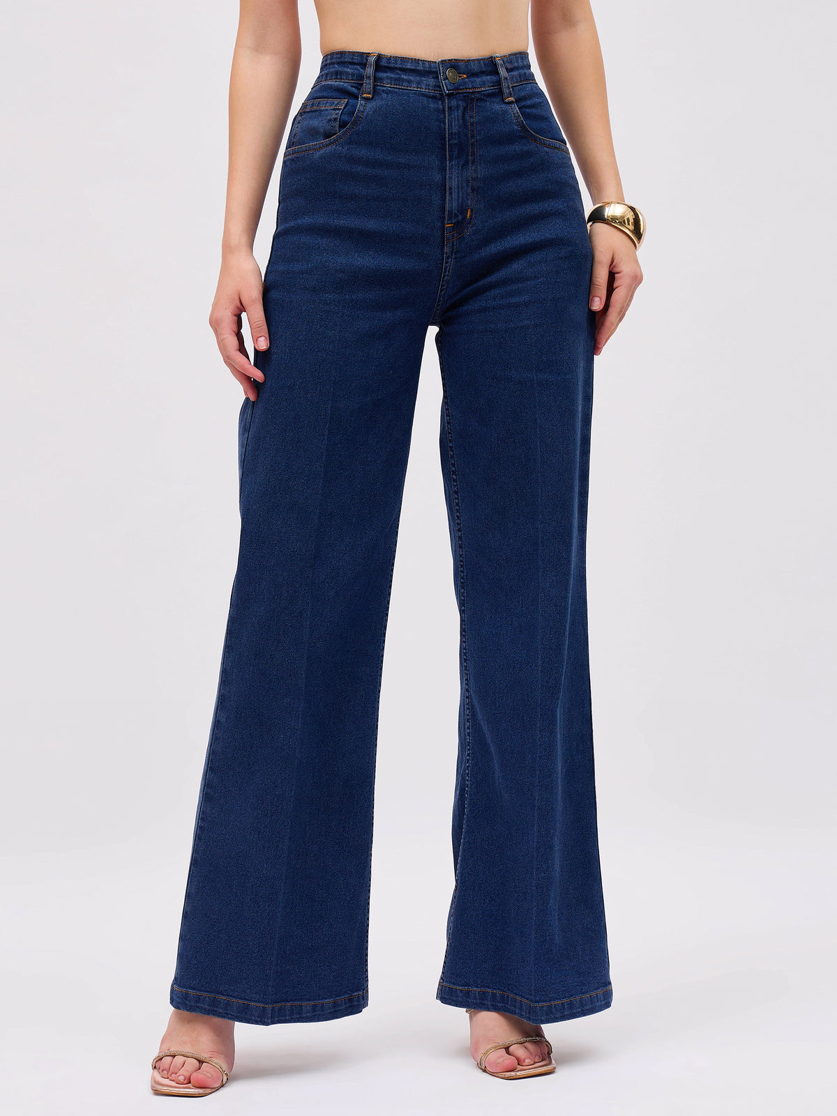 Navy Blue Denim Front Crease Straight Fit Jeans-SASSAFRAS