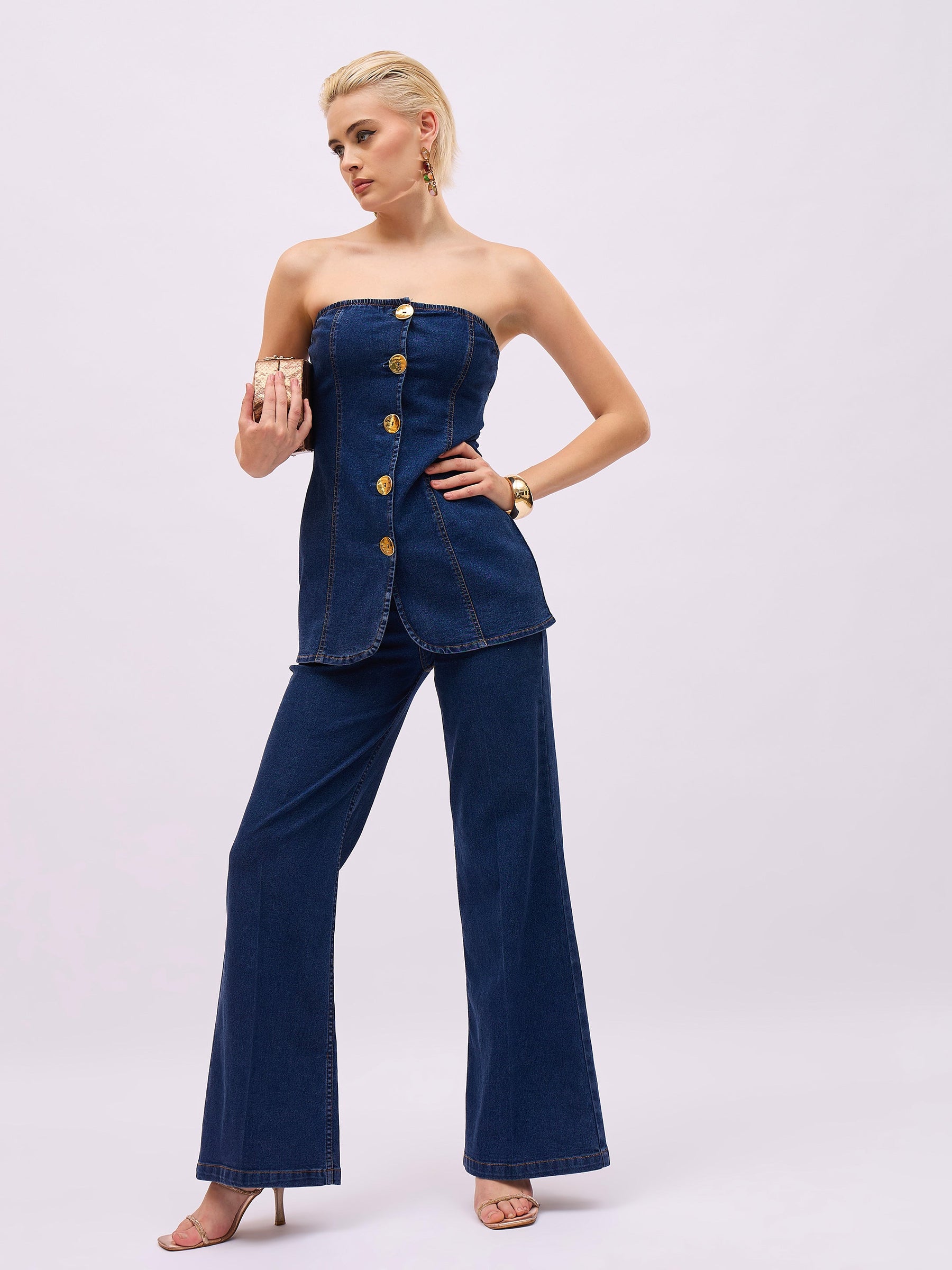 Navy Blue Denim Front Crease Straight Fit Jeans-SASSAFRAS
