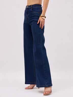 Navy Blue Denim Front Crease Straight Fit Jeans-SASSAFRAS
