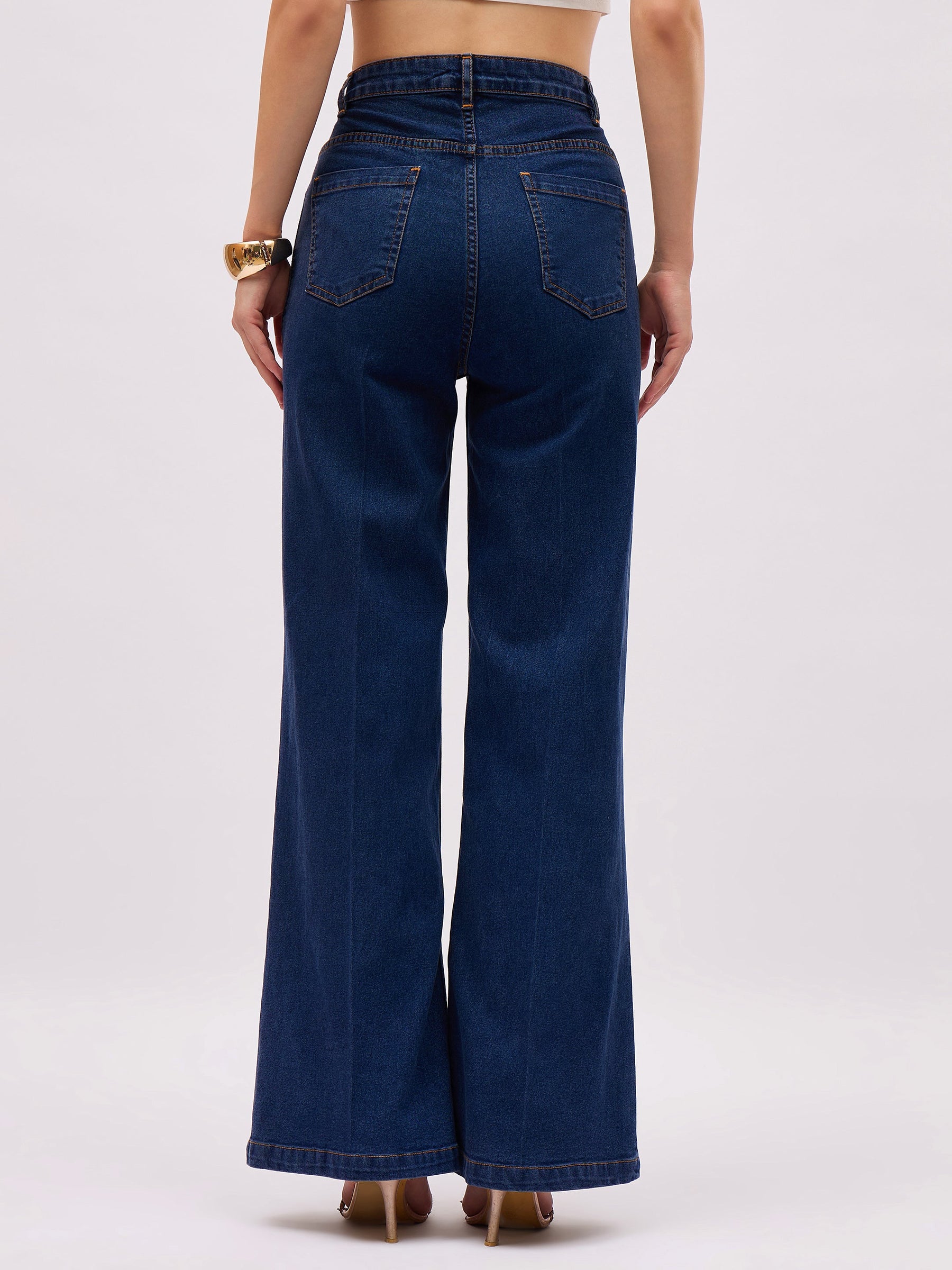 Navy Blue Denim Front Crease Straight Fit Jeans-SASSAFRAS