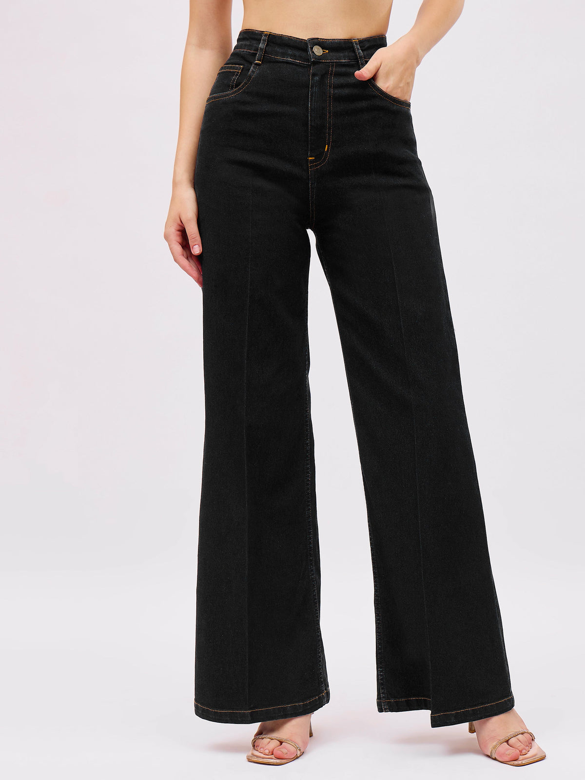 Jet Black Denim Front Crease Straight Fit Jeans-SASSAFRAS