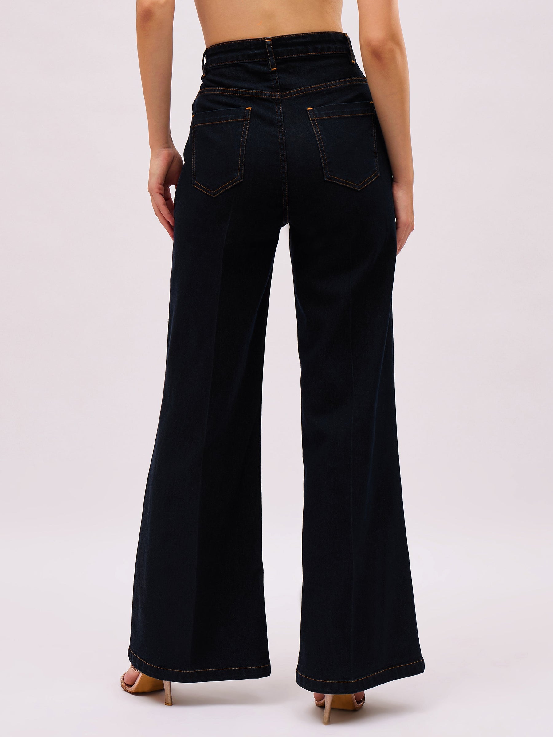 Jet Black Denim Front Crease Straight Fit Jeans-SASSAFRAS