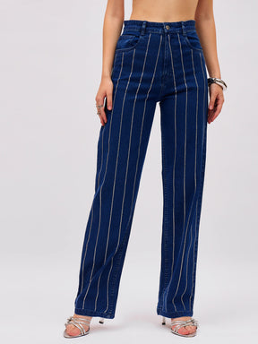 Navy Blue Denim Front Stud Straight Fit Jeans-SASSAFRAS