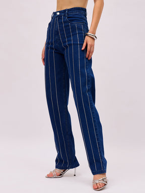 Navy Blue Denim Front Stud Straight Fit Jeans-SASSAFRAS