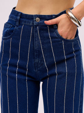 Navy Blue Denim Front Stud Straight Fit Jeans-SASSAFRAS