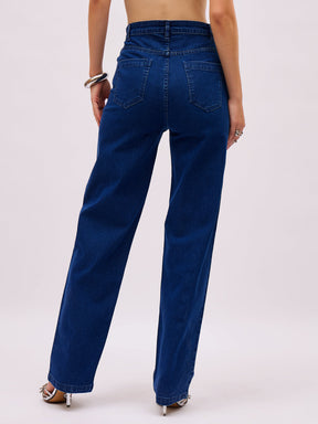 Navy Blue Denim Front Stud Straight Fit Jeans-SASSAFRAS