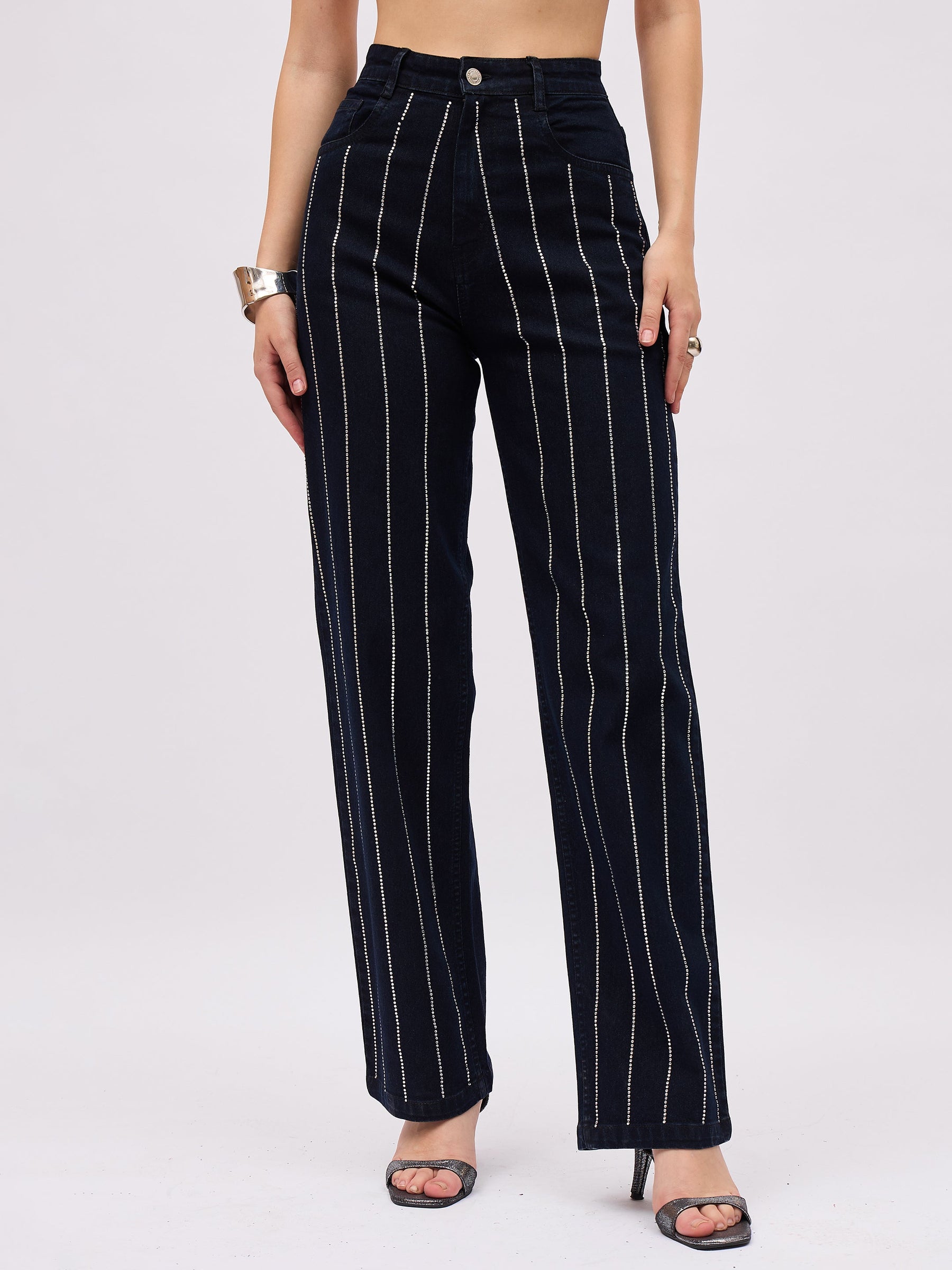 Jet Black Denim Front Stud Straight Fit Jeans-SASSAFRAS
