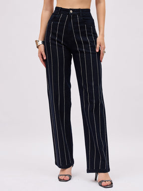 Jet Black Denim Front Stud Straight Fit Jeans-SASSAFRAS