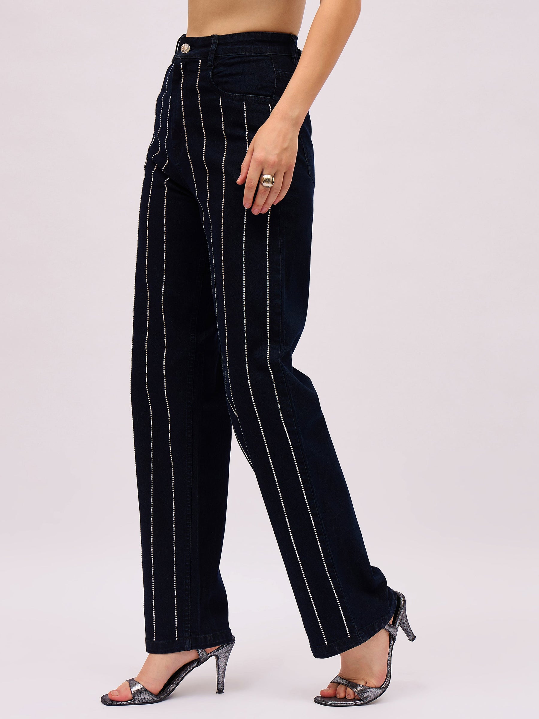 Jet Black Denim Front Stud Straight Fit Jeans-SASSAFRAS