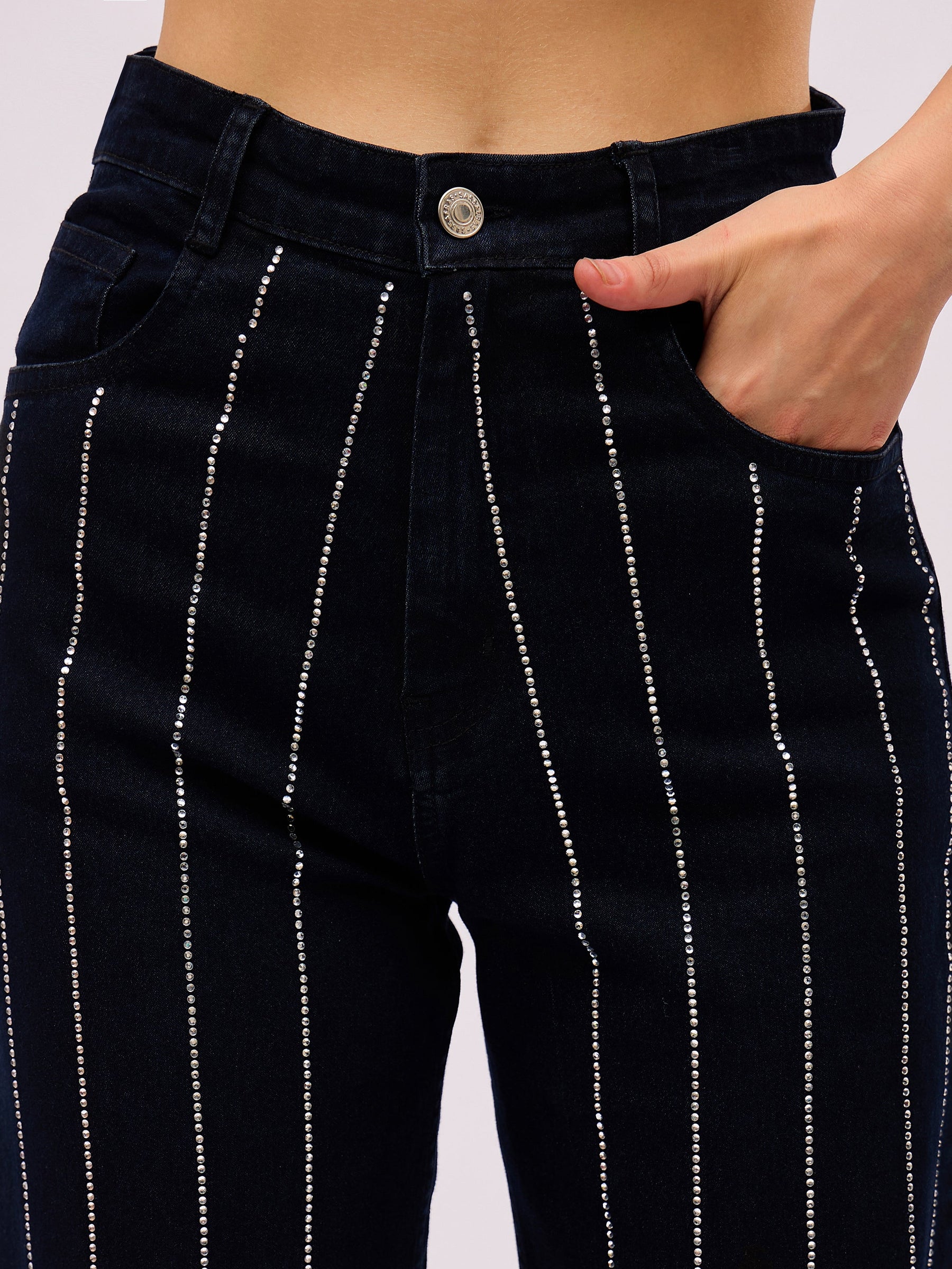 Jet Black Denim Front Stud Straight Fit Jeans-SASSAFRAS