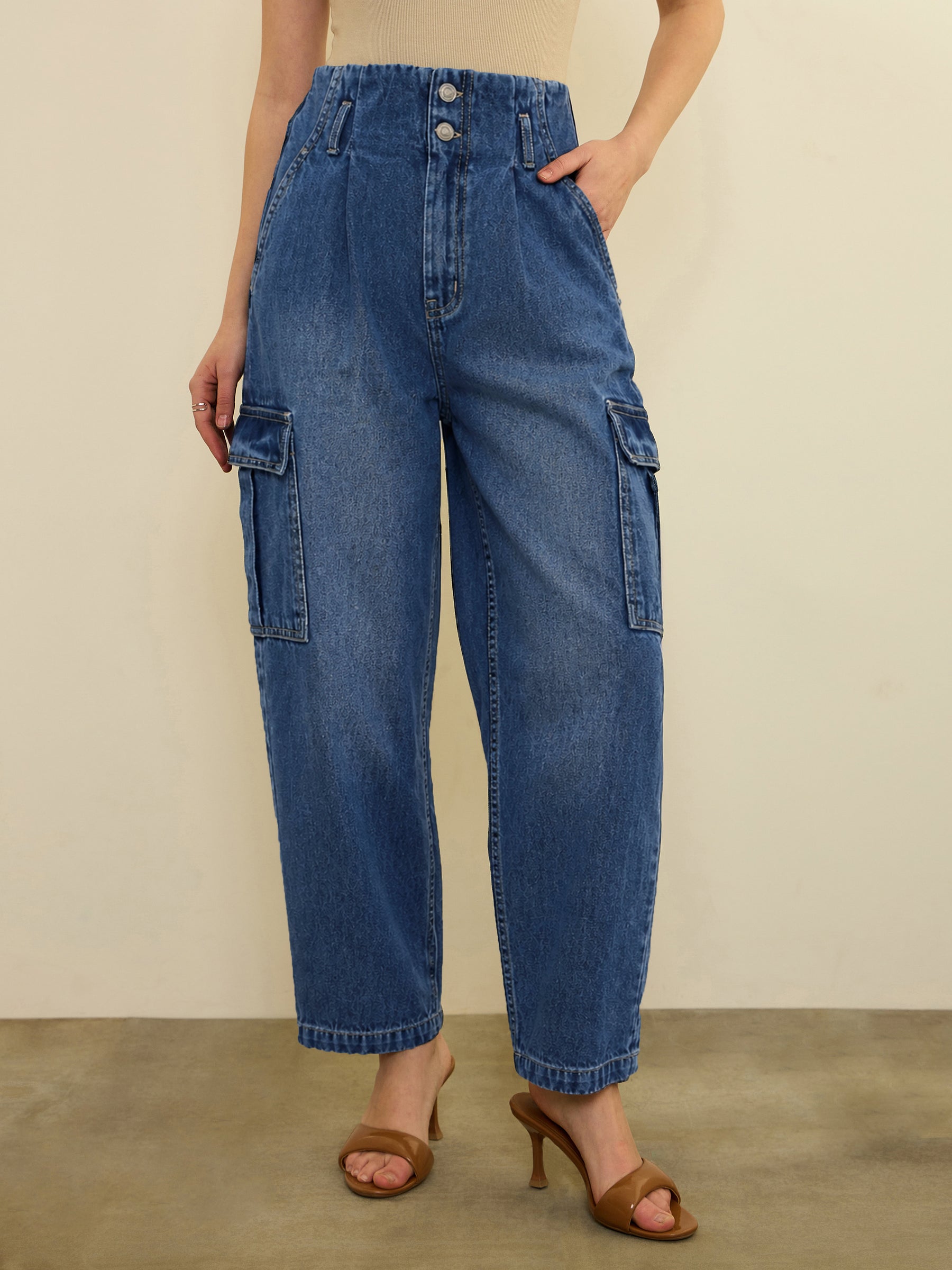 Women Navy Wash High Rise Cargo Jeans