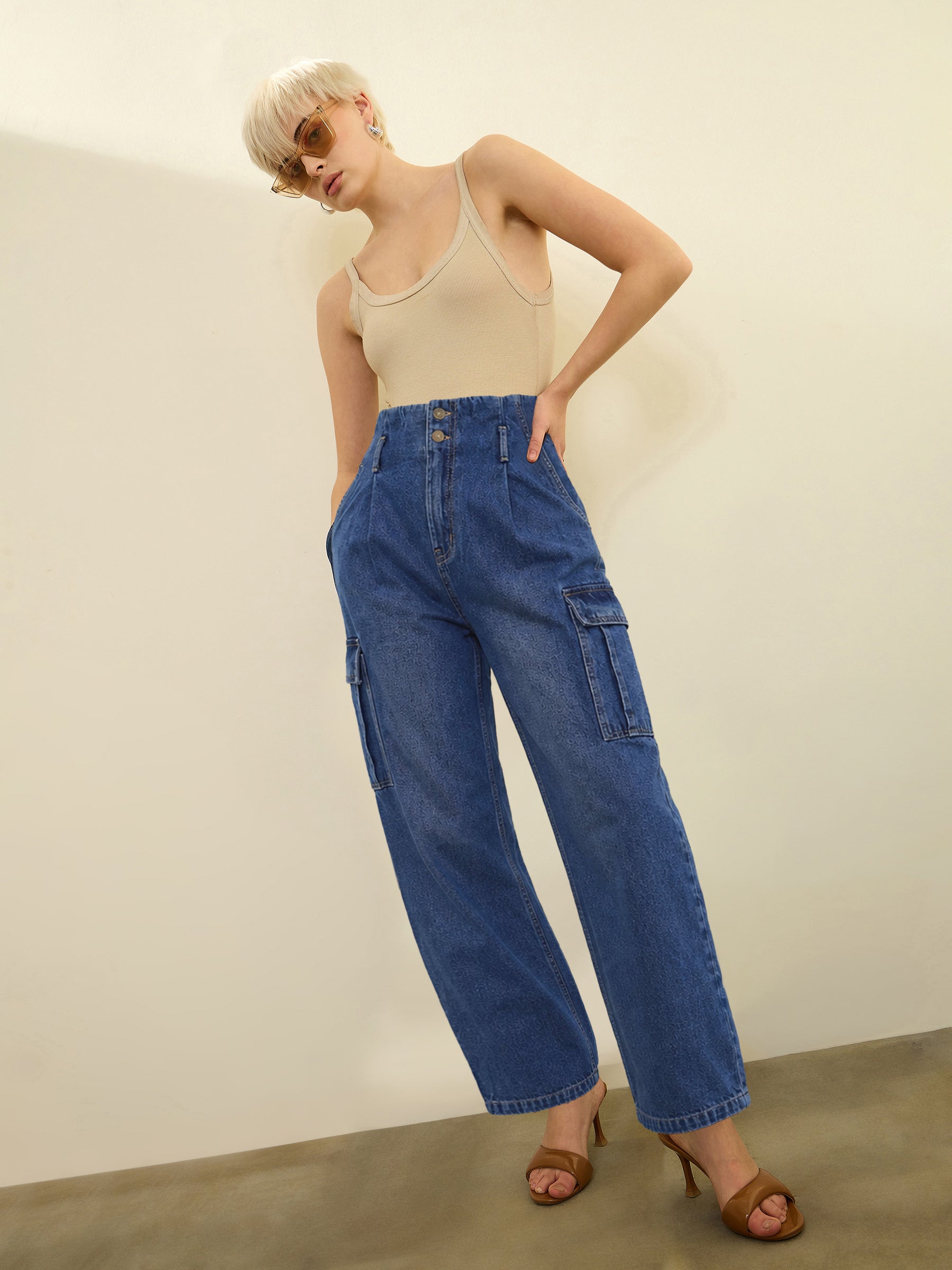 Women Navy Wash High Rise Cargo Jeans
