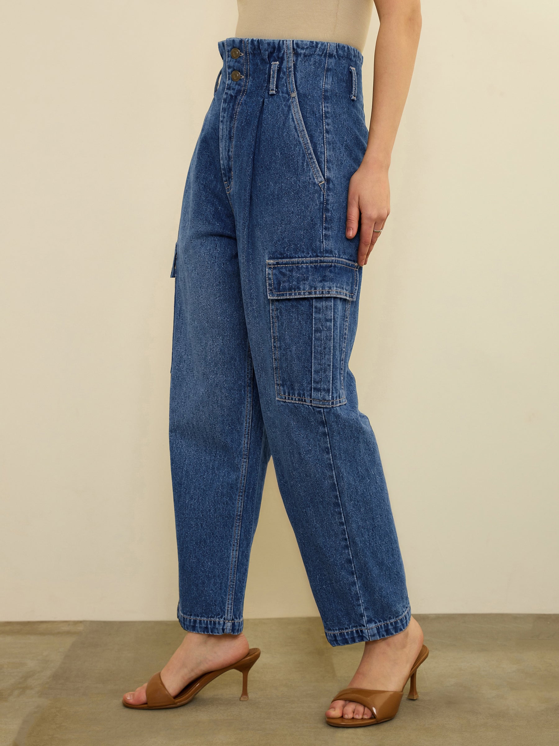 Women Navy Wash High Rise Cargo Jeans
