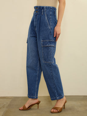 Women Navy Wash High Rise Cargo Jeans