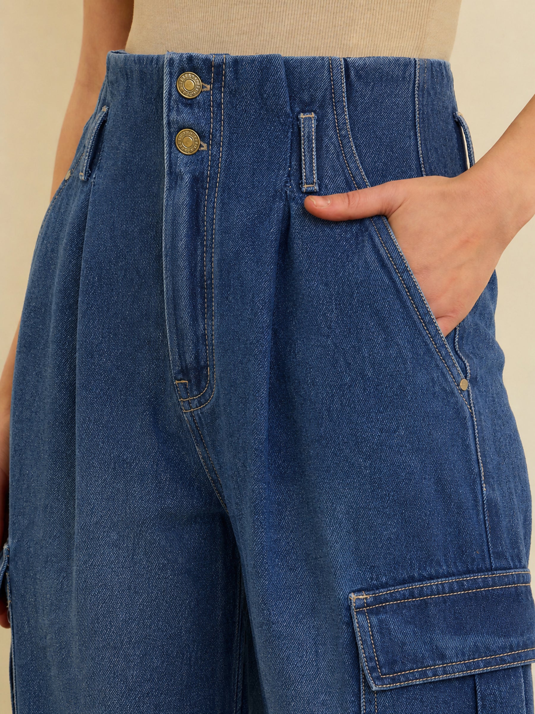 Women Navy Wash High Rise Cargo Jeans