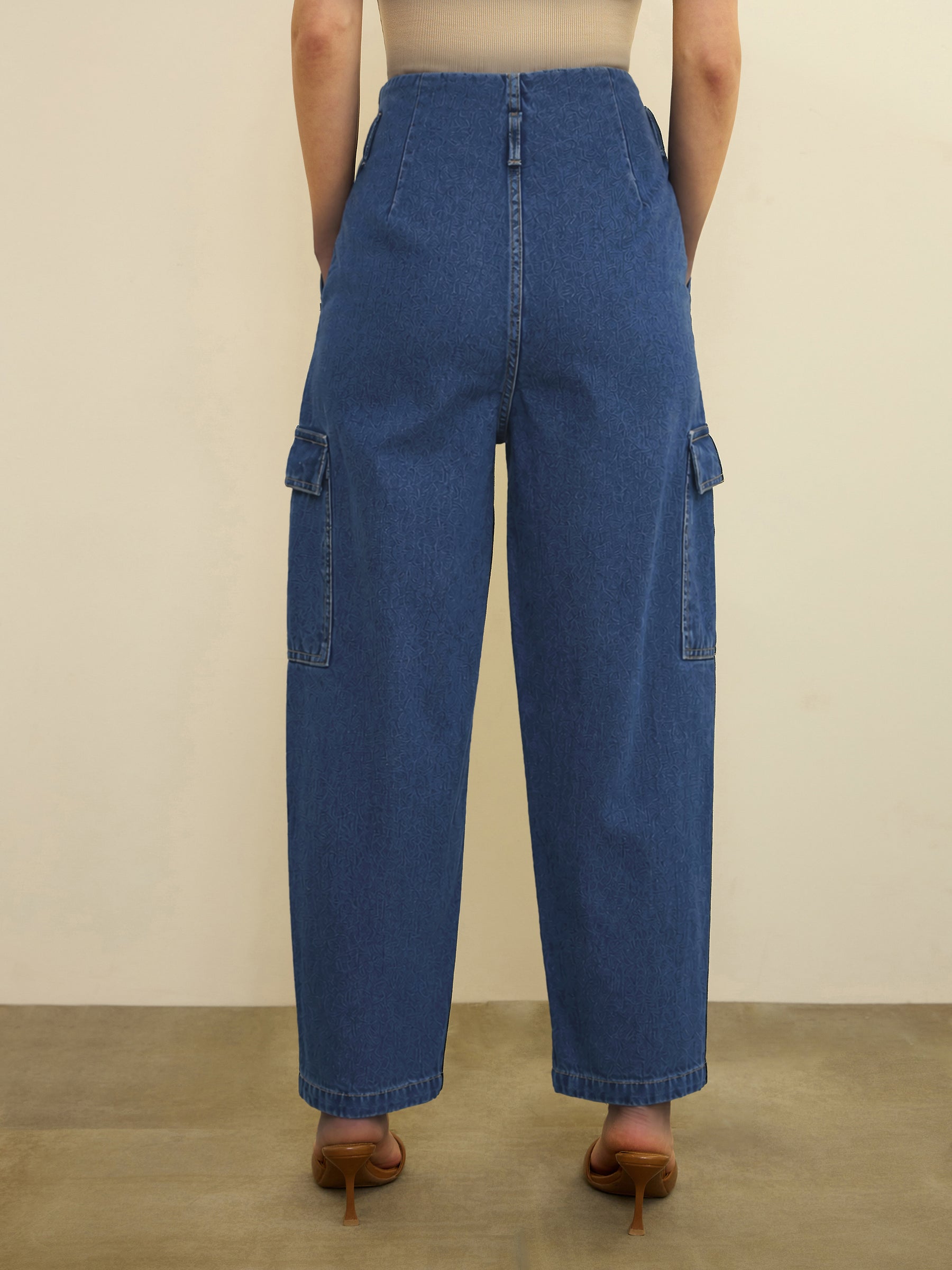 Women Navy Wash High Rise Cargo Jeans