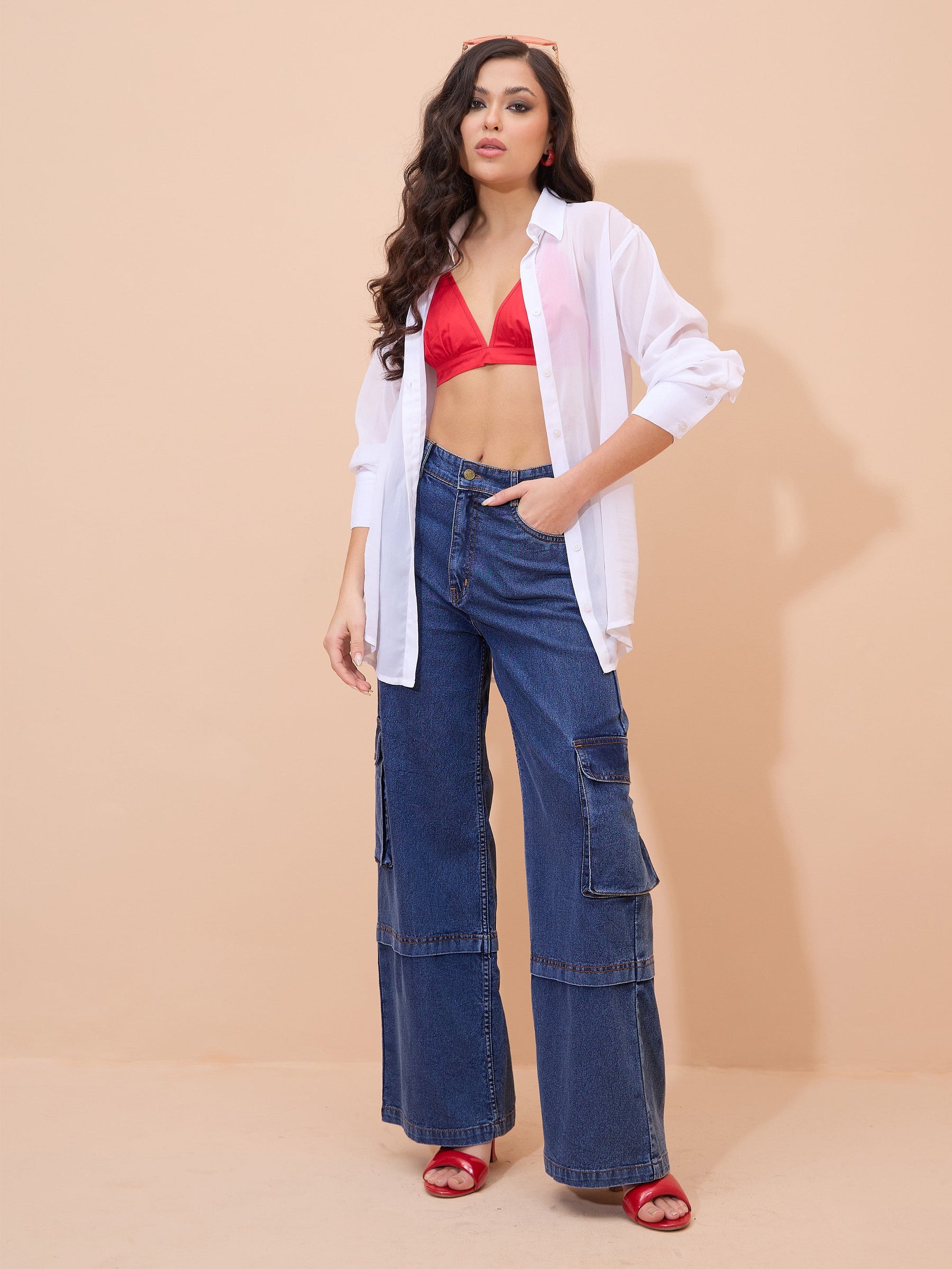Navy Wash Straight Cargo Jeans-SASSAFRAS