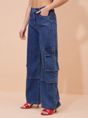 Navy Wash Straight Cargo Jeans-SASSAFRAS