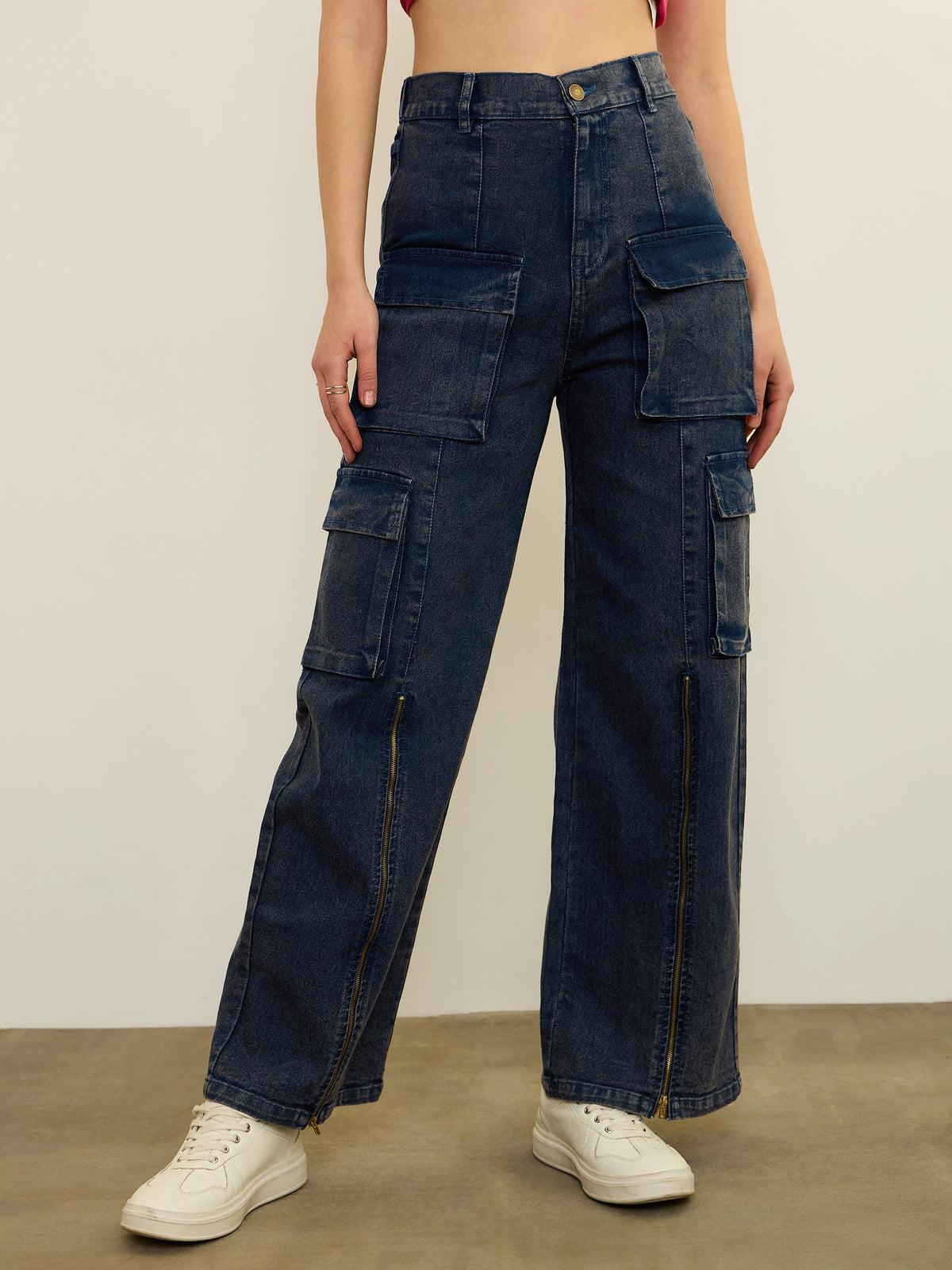 Navy Blue Zipper Detail Cargo Straight Jeans-SASSAFRAS