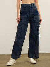 Navy Blue Zipper Detail Cargo Straight Jeans-SASSAFRAS