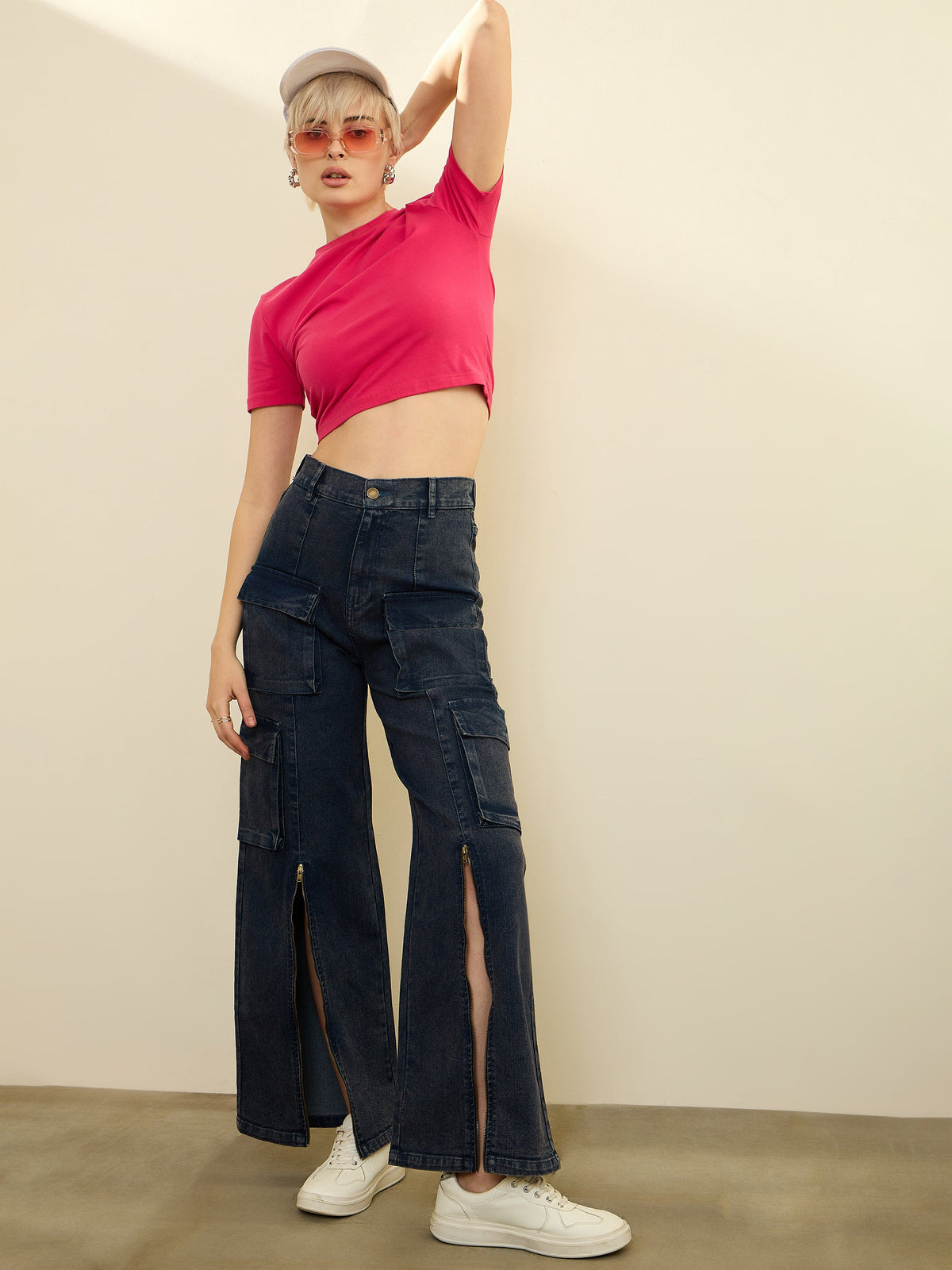 Navy Blue Zipper Detail Cargo Straight Jeans-SASSAFRAS