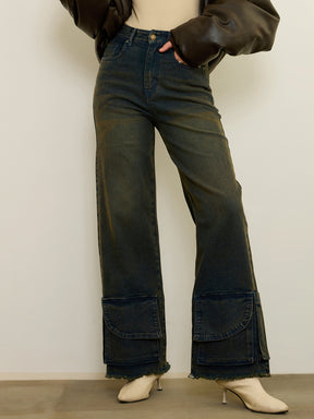 Blue Acid Wash Hem Pockets Straight Jeans -SASSAFRAS