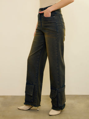 Blue Acid Wash Hem Pockets Straight Jeans -SASSAFRAS