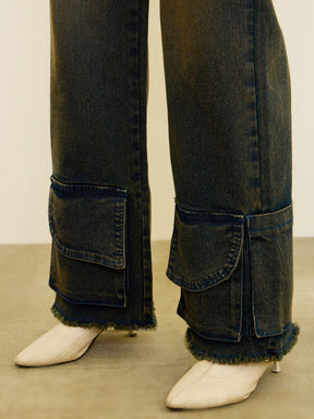 Blue Acid Wash Hem Pockets Straight Jeans -SASSAFRAS