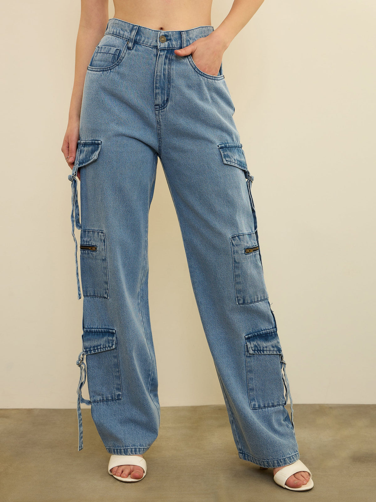 Ice Blue Zipper Pocket Cargo Straight Jeans -SASSAFRAS