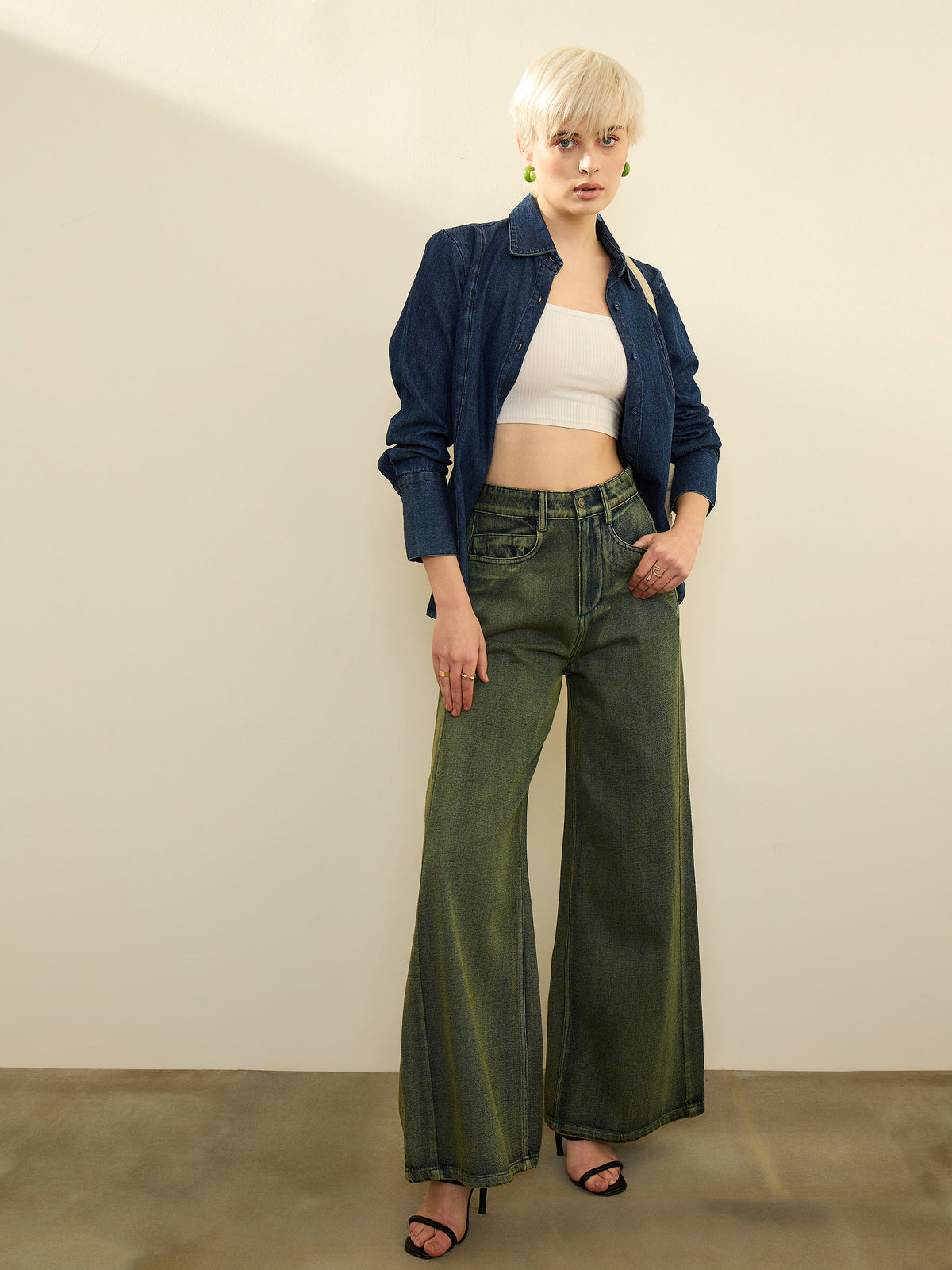 Green Overdyed Straight Fit Flared Jeans-SASSAFRAS