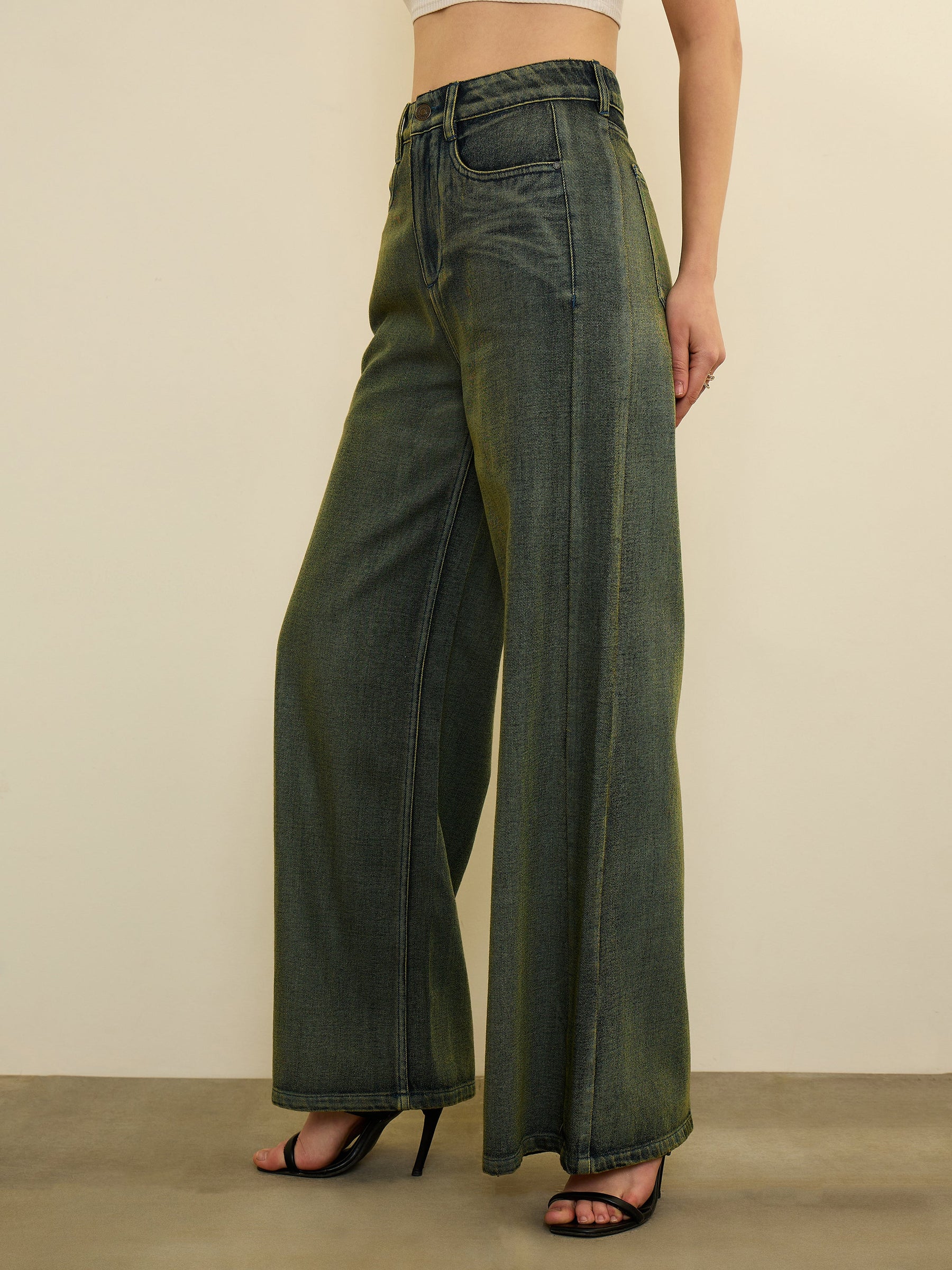 Green Overdyed Straight Fit Flared Jeans-SASSAFRAS