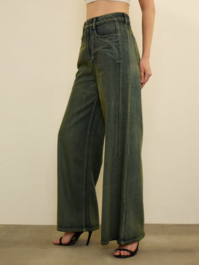 Green Overdyed Straight Fit Flared Jeans-SASSAFRAS