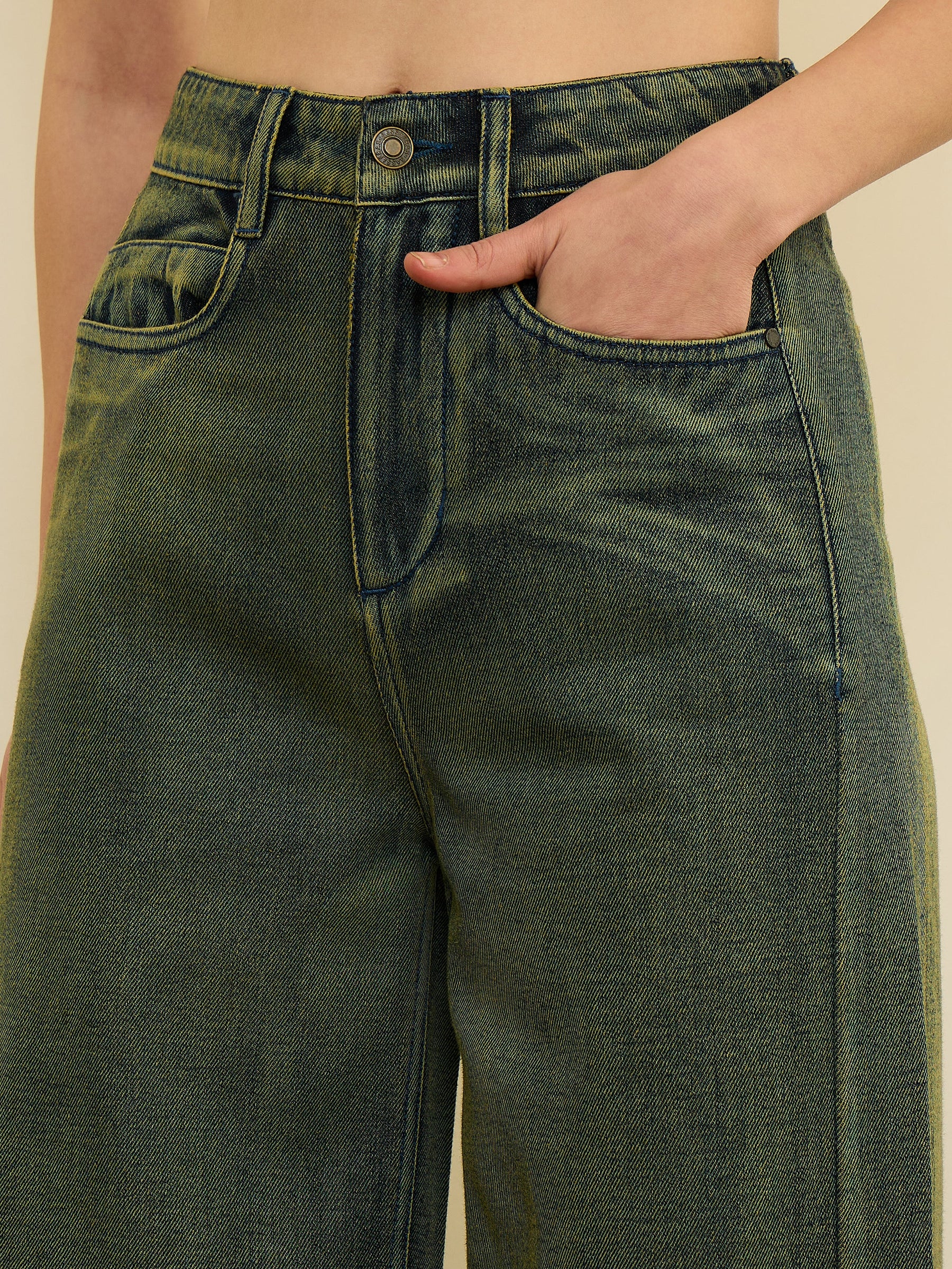 Green Overdyed Straight Fit Flared Jeans-SASSAFRAS
