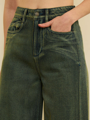 Green Overdyed Straight Fit Flared Jeans-SASSAFRAS