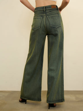 Green Overdyed Straight Fit Flared Jeans-SASSAFRAS