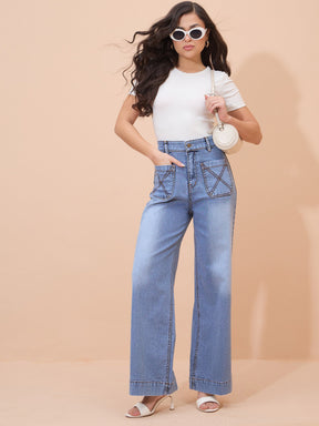 Blue Acid Wash Front Pocket Straight Fit Jeans-SASSAFRAS